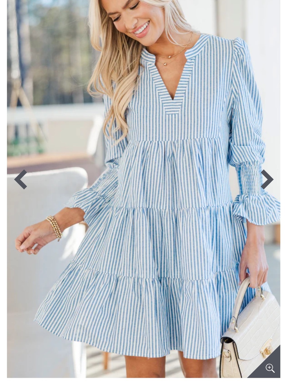 Women’s Blue & White Striped Tiered Long Sleeve Dress